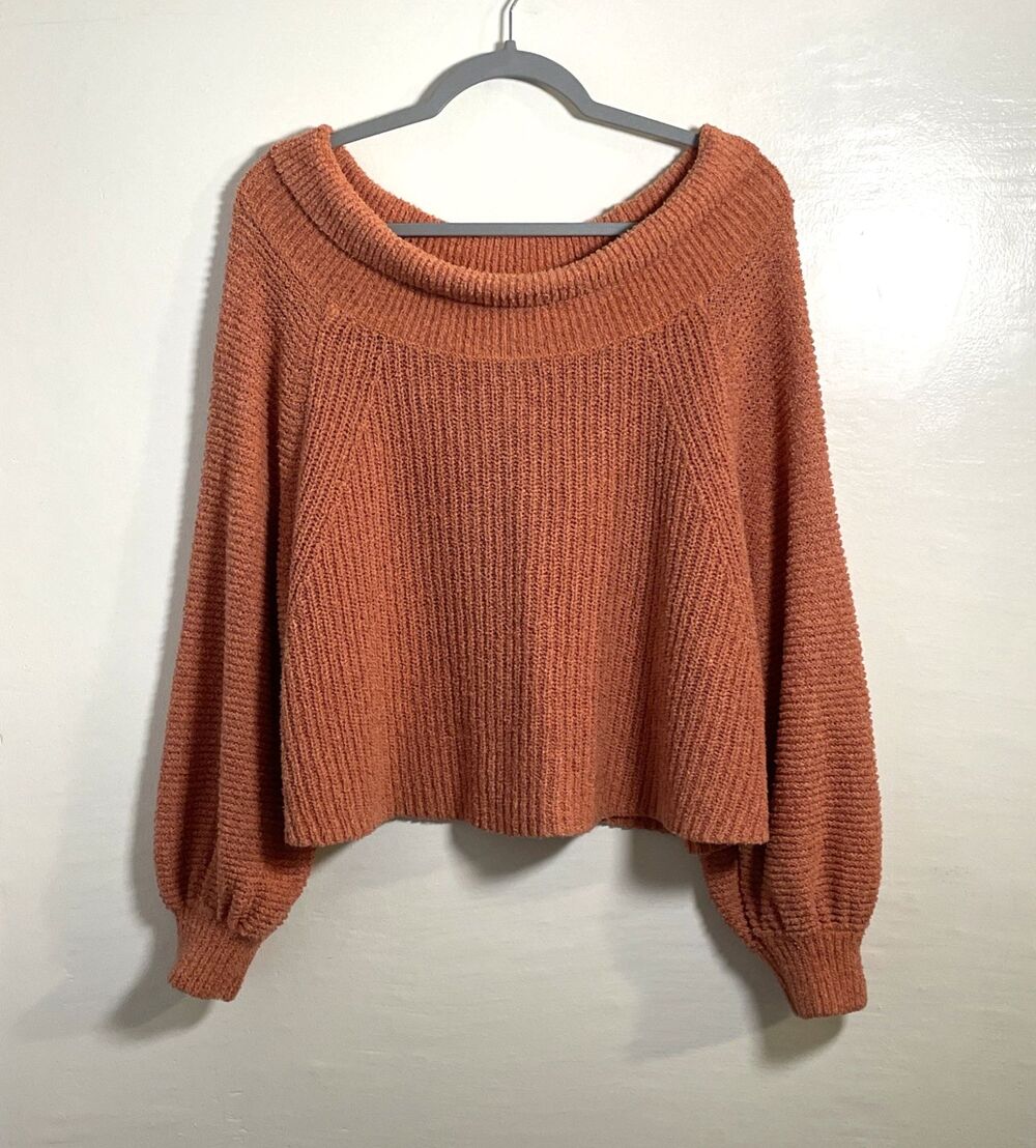 Free People Women's Orange Cowl Neck Knit Sweater Textured Puff Sleeves Medium
